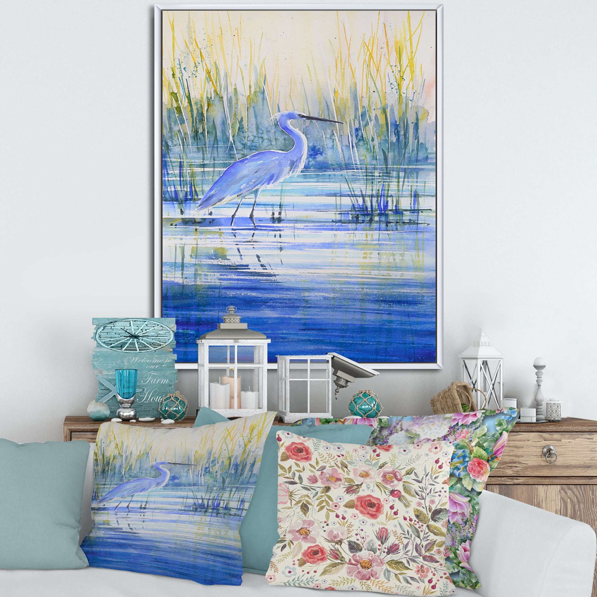 Designart 'Blue Heron On The Lake Shore' Traditional Framed Canvas Wall Art Print