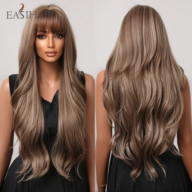 EASIHAIR Ombre marrón claro rubio platino largo ondulado parte media peluca de pelo Cosplay Natural resistente al calor peluca sintética para mujeres Tan Jianjun unisex