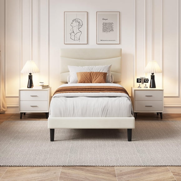 Minimalist & Durable – Twin XL Upholstered Platform Bed Frame with Soft Padded Headboard, Wood & Metal Slat Support, Noise-Free, No Box Spring Needed, Modern Design, Easy Assembly