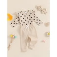 thumbnail image 5 of Baby Toddler Girls Fall Outfit, 0 3 6 9 12 18 Months Long Sleeve Dots Print Romper with Pants and Bowknot Headband Clothing Set, 5 of 9