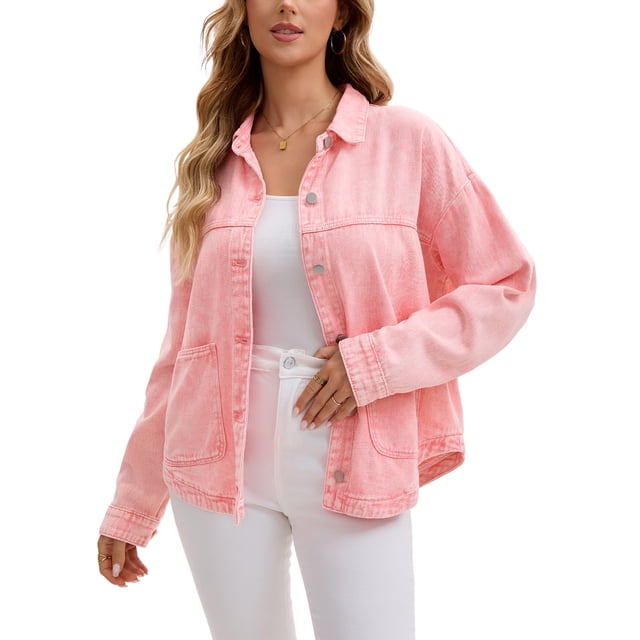 CHAQUETA CASUAL DE DENIM CON CUELLO PLANO Y MANGAS LARGAS PARA MUJER INSPIRE CHIC CON BOLSILLOS XL ROSA
