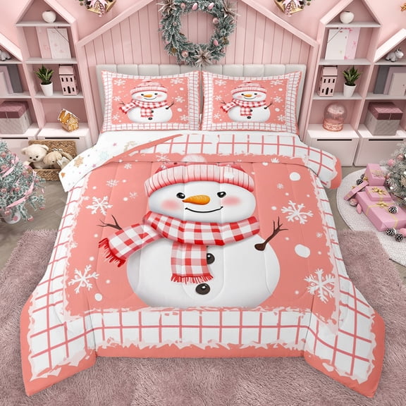Feelyou Funny Orange Snowman Bedding Comforter Set for Teens, Christmas Snowflake Print Twin Comforter Sets, Fashion Buffalo Reversible Bedding Set, Lightweight Room Decor, 2pcs