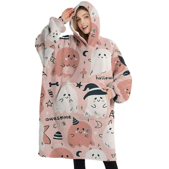 Oversized Wearable Blanket Hoodie,Pink Hued Cute Halloween Ghosts Pattern Sherpa Blanket Hoodie with Super Pockets,Super Warm Fuzzy Pullover for Women & Men