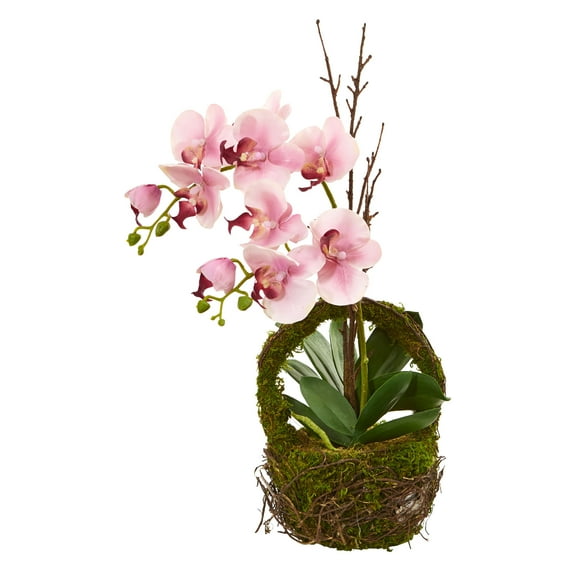 Nearly Natural Phalaenopsis Orchid Artificial Arrangement in Twig Basket, Pink
