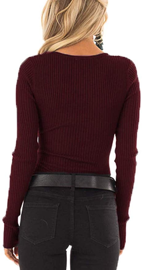 V Neck Ribbed Button Knit Sweater Solid 