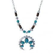 Western Style Wooden Bead Turquoise Howlite Squash Blossom Pendant Necklace, Burnished Silver, Length 20" 3" Extender