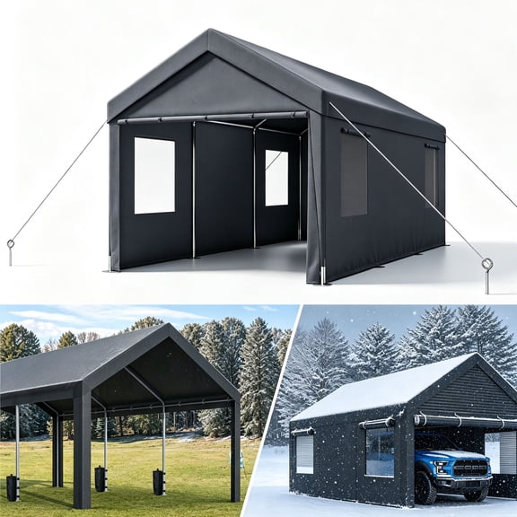 Sesslife Outdoor Carport, 9.8' x 19.8' Metal Car Tent with Enhanced Base & Galvanized Steel Roof for Car, Boats and Truck
