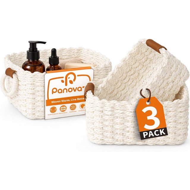 Storage Basket, Recycled Paper Rope Basket Organizer, 3Pcs Small Baskets for Organizing, Mini wicker Basket for Decorative Storage Bins, Shelves, Cabinet - Brown,White