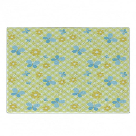 Checkered Cutting Board, Pattern with Daisy Flower and Butterflies, Decorative Tempered Glass Cutting and Serving Board, Small Size, Pale Blue Pale Blue, by Ambesonne
