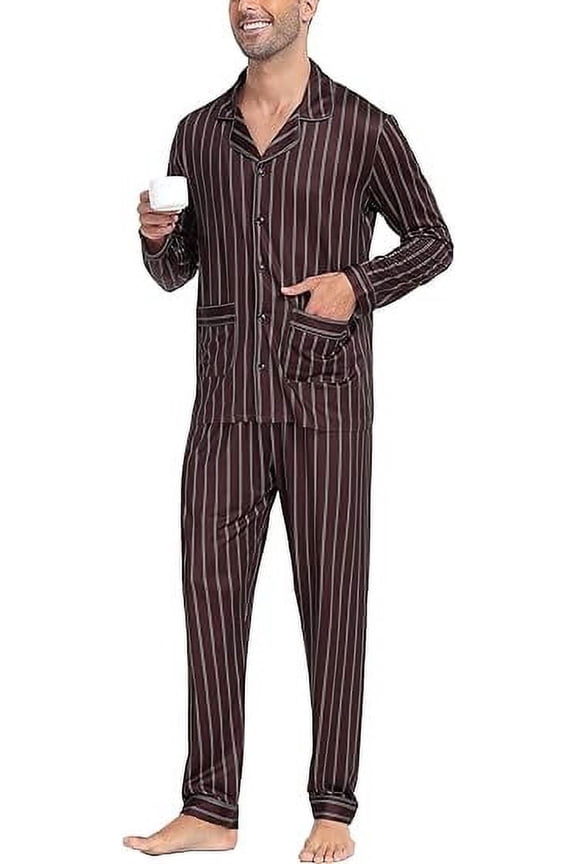 Men's Silk Satin Pajama Set Striped Long Sleeve Button Down Classic Sleepwear Loungewear with Front Pocket
