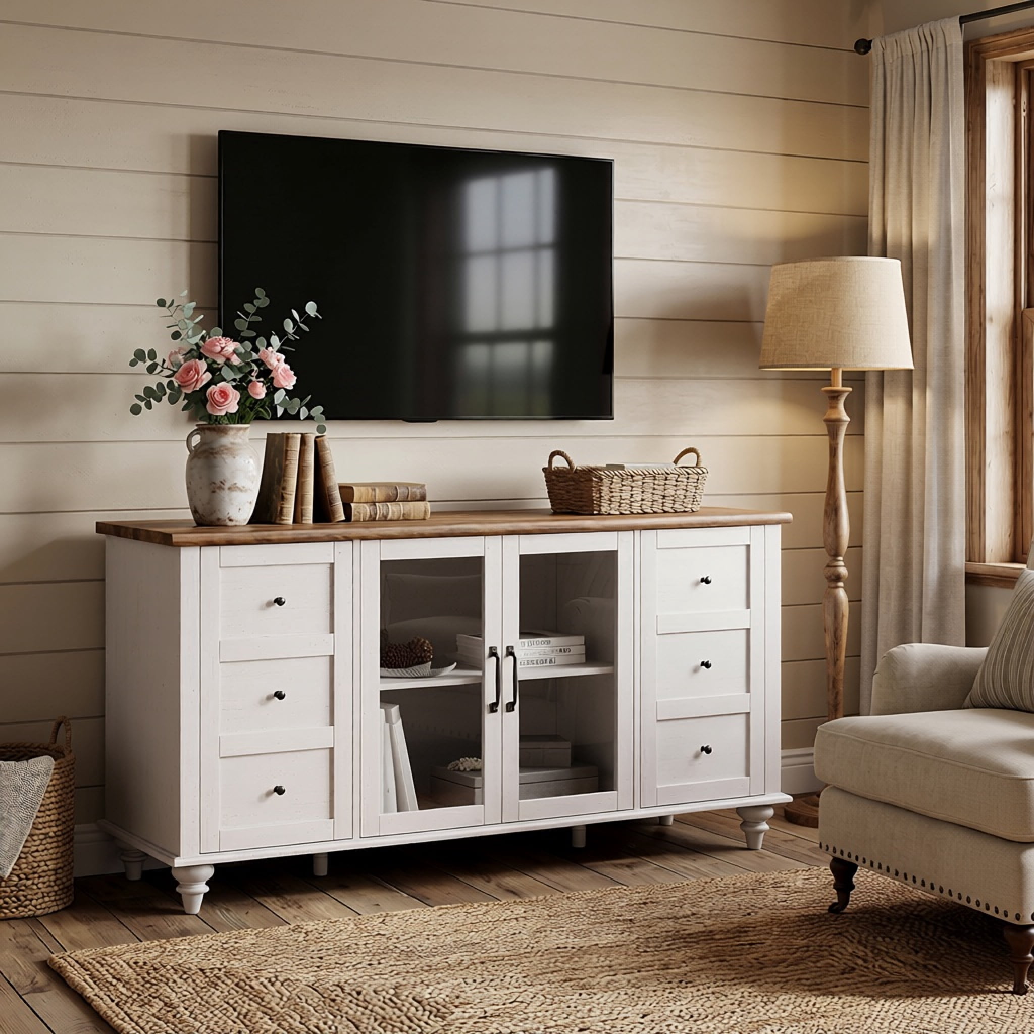 TV Stand with Glass Door for 65 Inch TV, Wooden Television Stands for Living Room, Off White