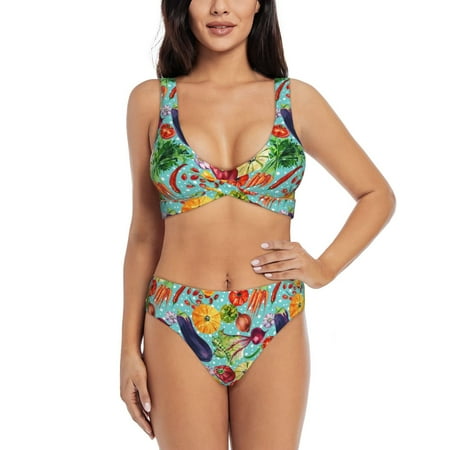 Zeuib Vegetable (2) High Waisted Tummy Control Bikini Set - Knot Front Push Up Top & Cheeky Thong Bottom  Two-Piece Swimsuit for Women-XX-Large
