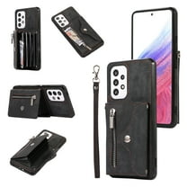 RFID BLOCKING Wallet Case for Samsung Galaxy A32 5G with Card Holder, Zipper Pocket Kickstand Function Shockproof Purse Phone Cover with Removable Shoulder Strap & Wrist Strap, Black