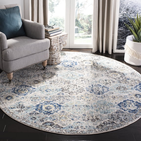 SAFAVIEH Madison Judith Distressed Area Rug, Ivory/Aqua, 10' x 10' Round - Large - Transitional Modern Design, Ivory & Aqua, Non-Shedding & Easy Cleaning, Ideal for Living Room, Bedroom, Dining Space