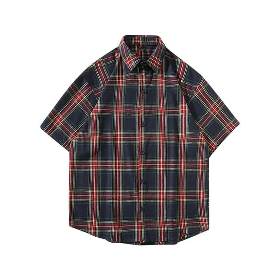 ALLLIST Plus Size Summer Tops Collared Blue Short Sleeve Plaid T-Shirts Button Casual Shirts for Men