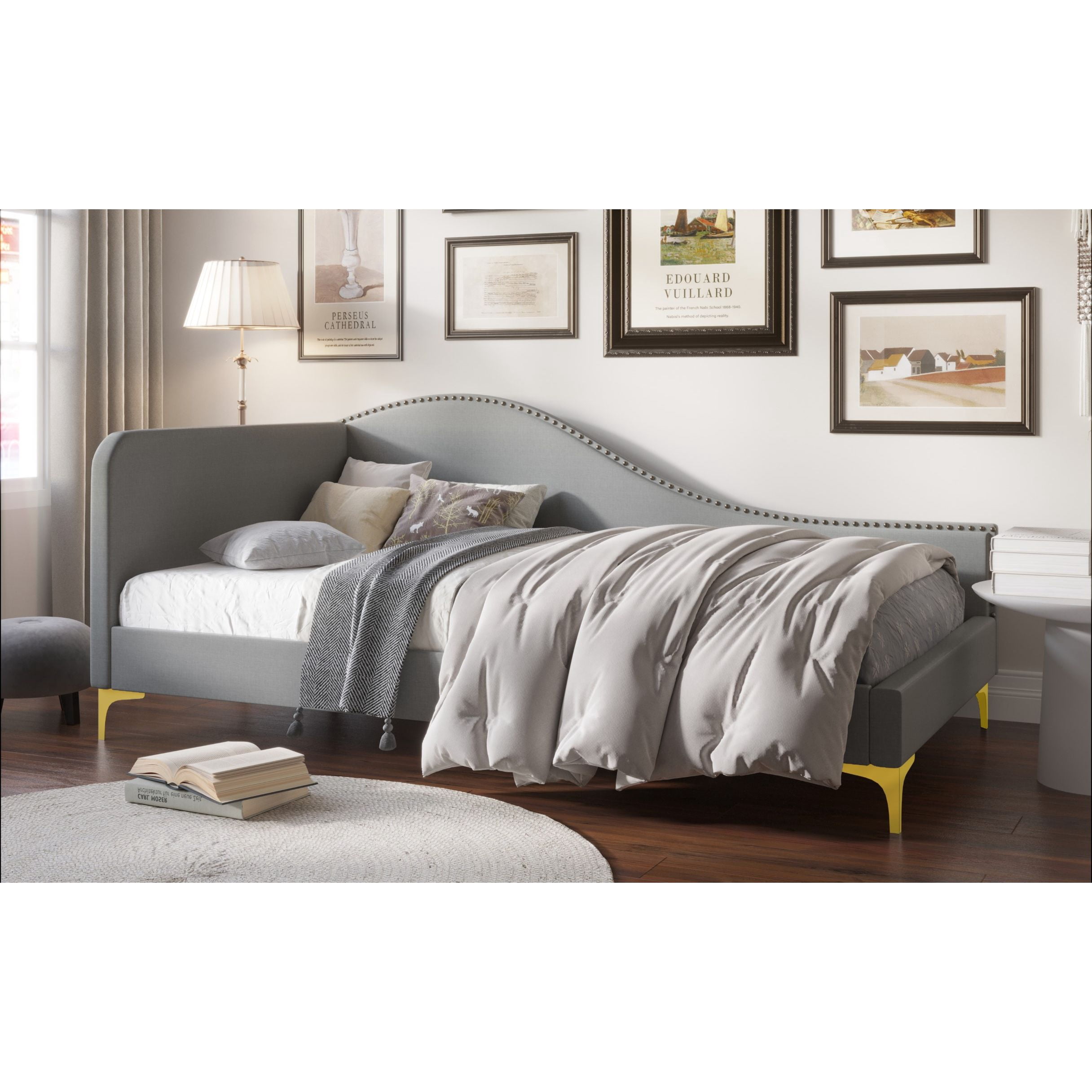 Home Design Lorettta Upholstered Daybed with Sloped Back and High Arm, Nailhead Trim, Gray – Adult Guest Room, Bedroom, and Living Room, Easy Assembly