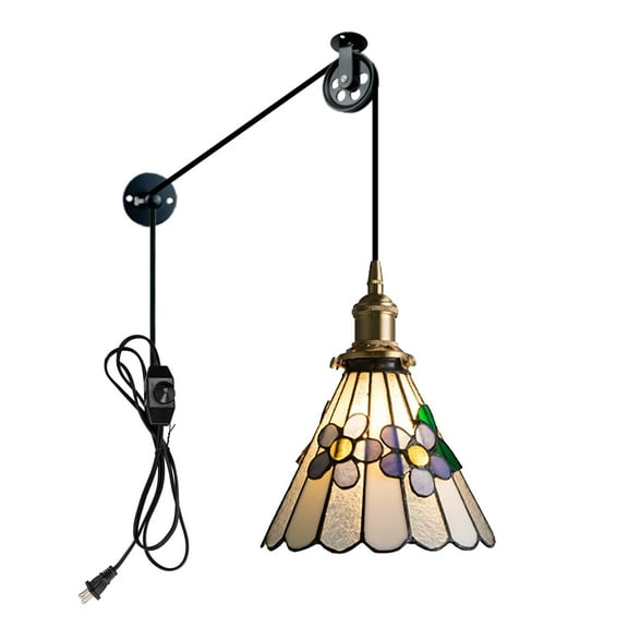 Kiven Plug in Pendant Light, Tiffany Stained Glass Hanging Light Fixture with Glass Lampshade and Pulley, E26 Socket Dimmable Pendant Light for Bedroom Hallway Kitchen Island,Adjustable Height