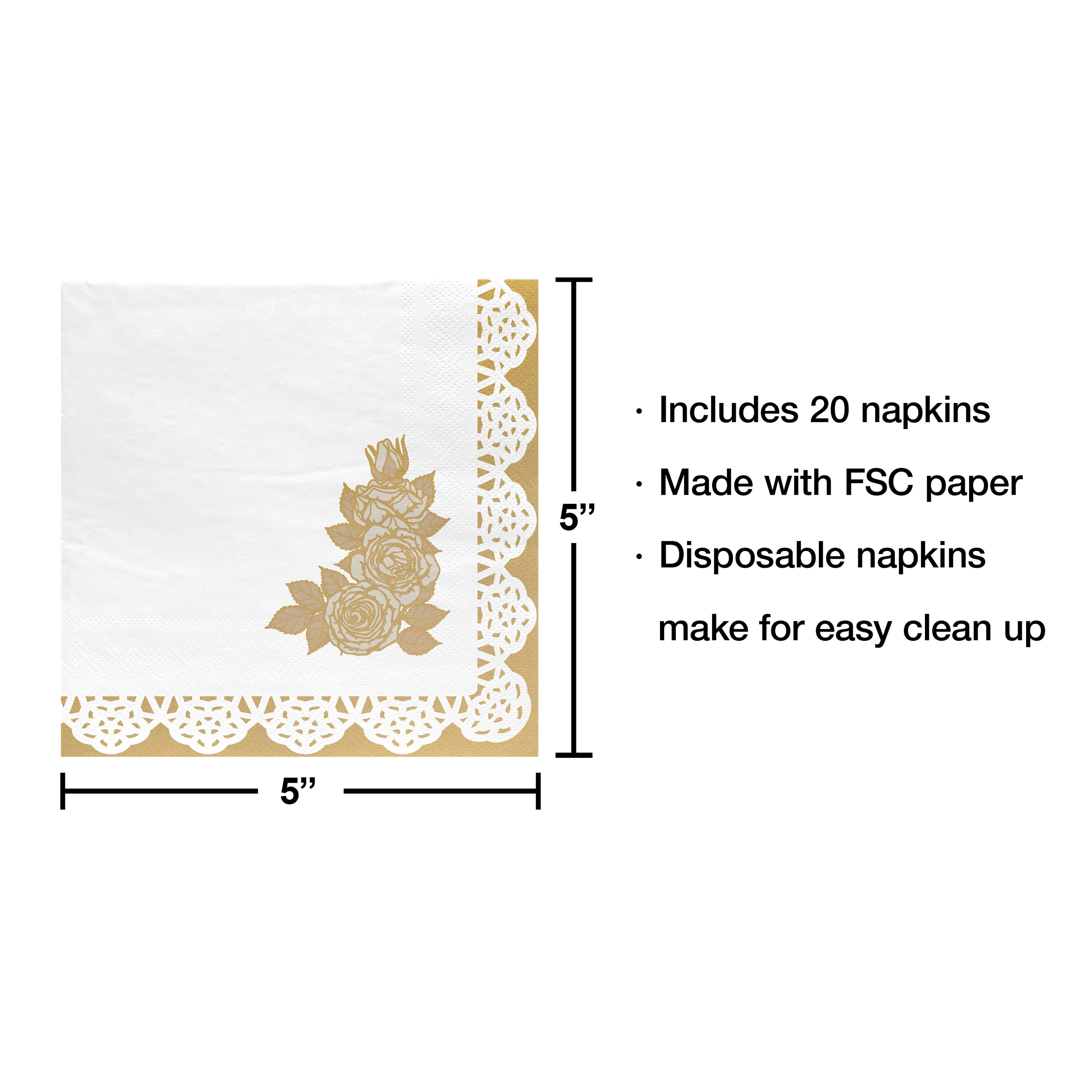 20 Count, 5IN x 5IN Disposable Tea Party Floral Napkins, Gold and White, Vintage Finds by Way to Celebrate