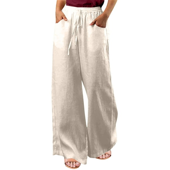 PEZHADA Fall Savings Cotton Linen Pants for Women Versatile And Fashionable Solid Color Casual Straight Wide Leg Pants Drawstring Palazzo Pants With Pockets Beige