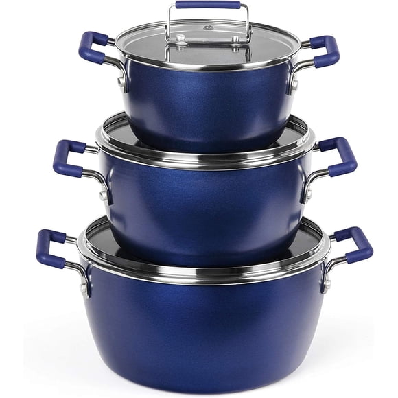 Granitestone Blue Juego de ollas y sartenes antiadherentes, juego de 6 ollas apilables, ollas de cocina, revestimiento antiadherente, ollas de 5 qt, 3 qt y 1,5 qt con tapas, asas que se mantienen fres