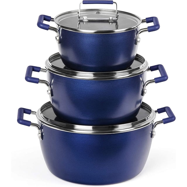 Granitestone Blue Juego de ollas y sartenes antiadherentes, juego de 6 ollas apilables, ollas de cocina, revestimiento antiadherente, ollas de 5 qt, 3 qt y 1,5 qt con tapas, asas que se mantienen fres