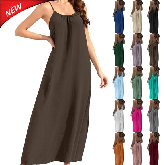 Tqyyweavej Women's Plus Backless Cami Dress Flowy Sleeveless Spaghetti Strap Maxi Dress Solid Color Beach Summer Dresses for Women