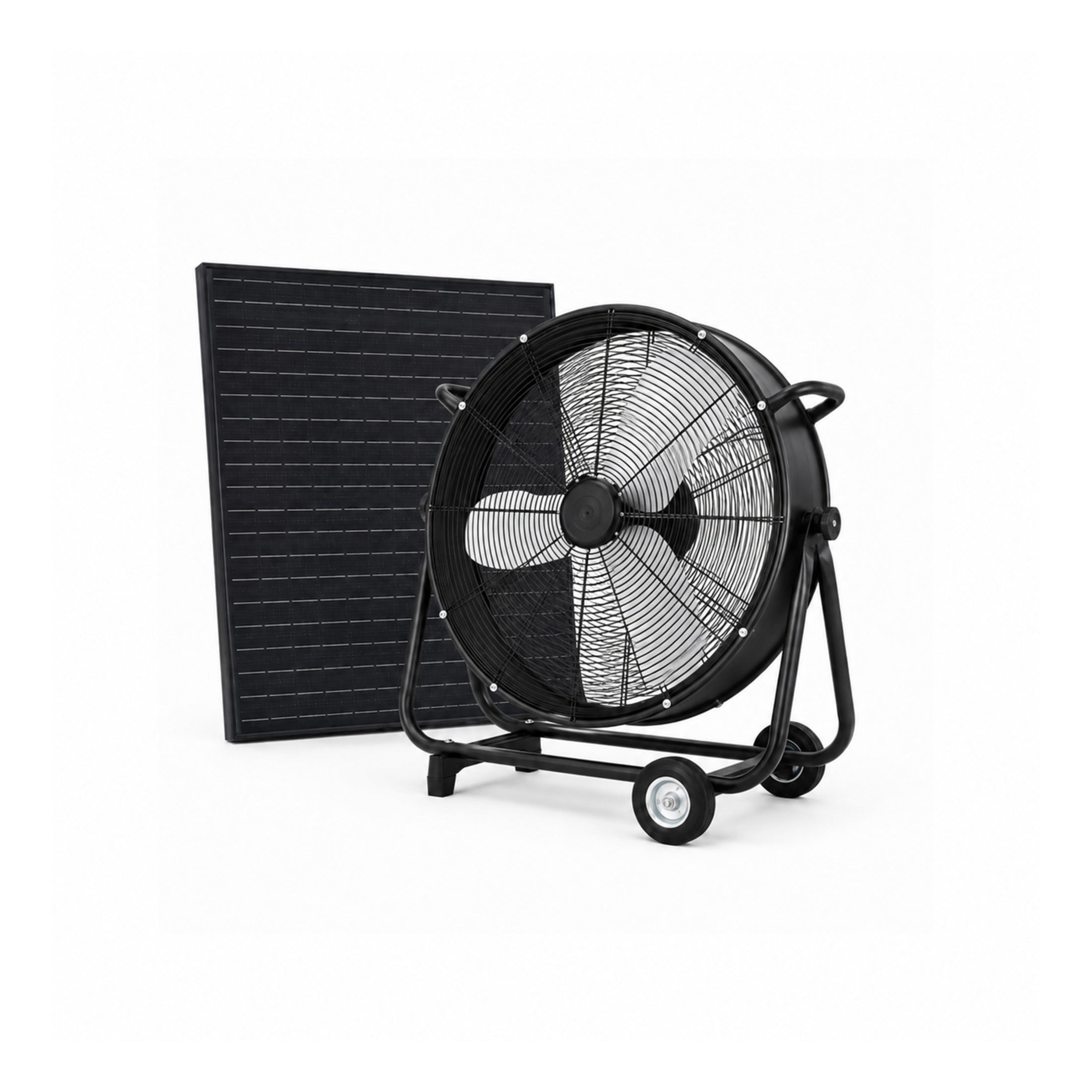 Noble House 24" Solar Floor-Standing Drum Fan, 140W Adjustable Panel Mobile Vent Fan with Casters, Black