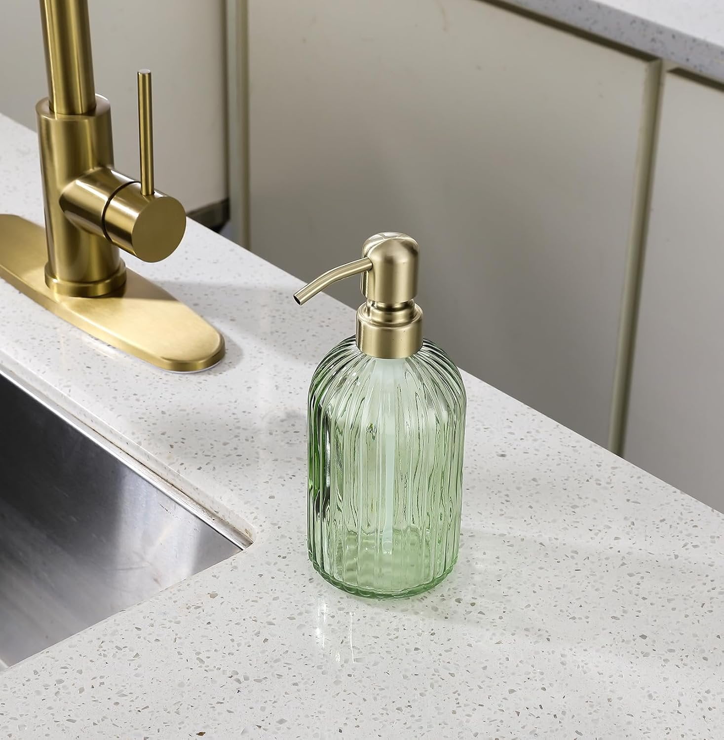 16Oz Green Glass Soap Dispenser with Rust Proof Stainless Steel Pump, Green Stripe Bathroom Hand Dish Lotion Dispensers with Brushed  Pump,Brushed  Glass Soap Dispenser