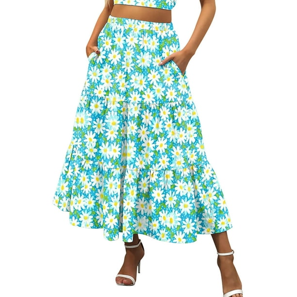 Frontwalk Women Casual Floral Skirts High Waist Ruffle Maxi Long Skirt ...