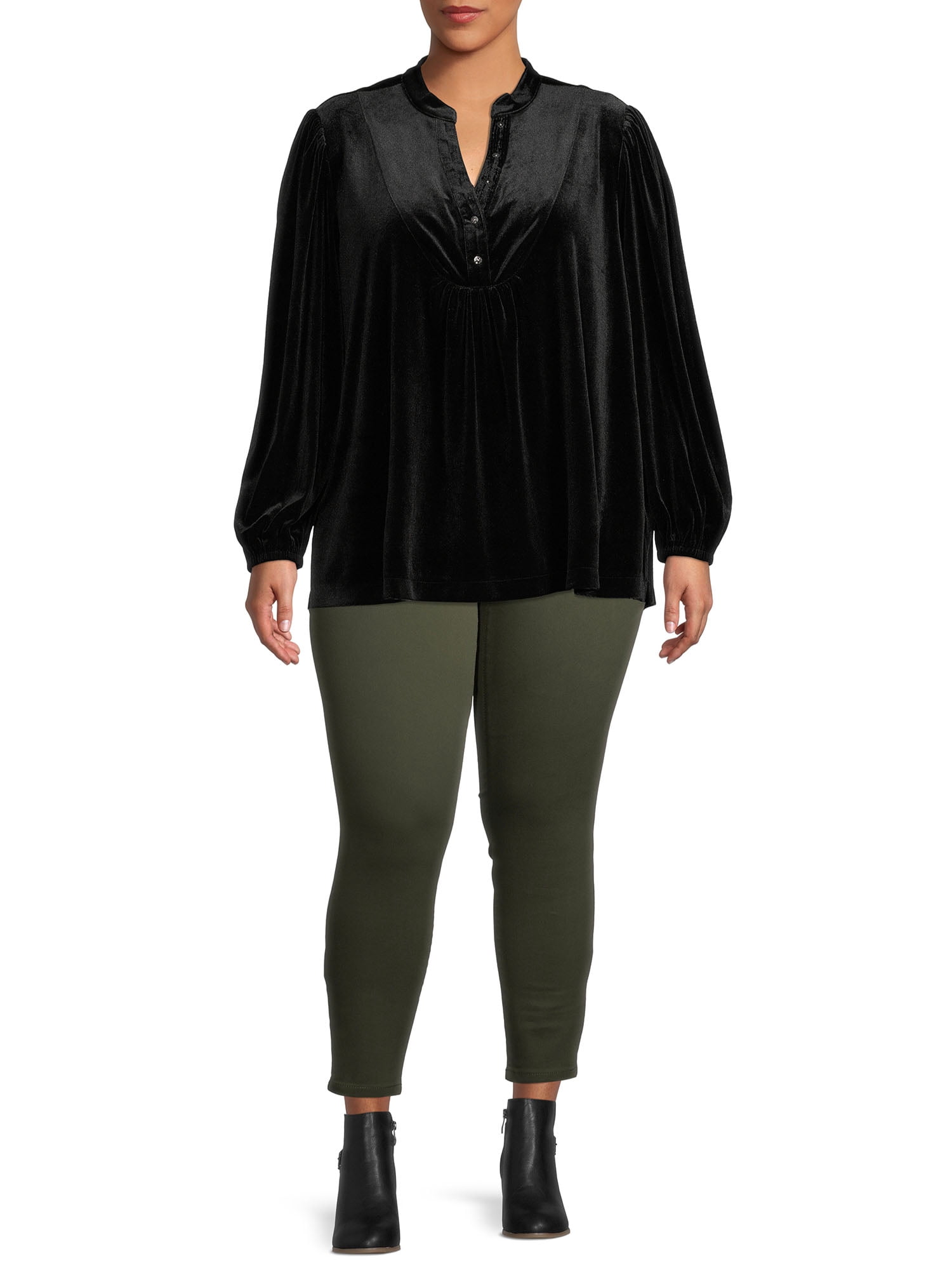 Terra & Sky Women's Plus Size Velour Henley Top