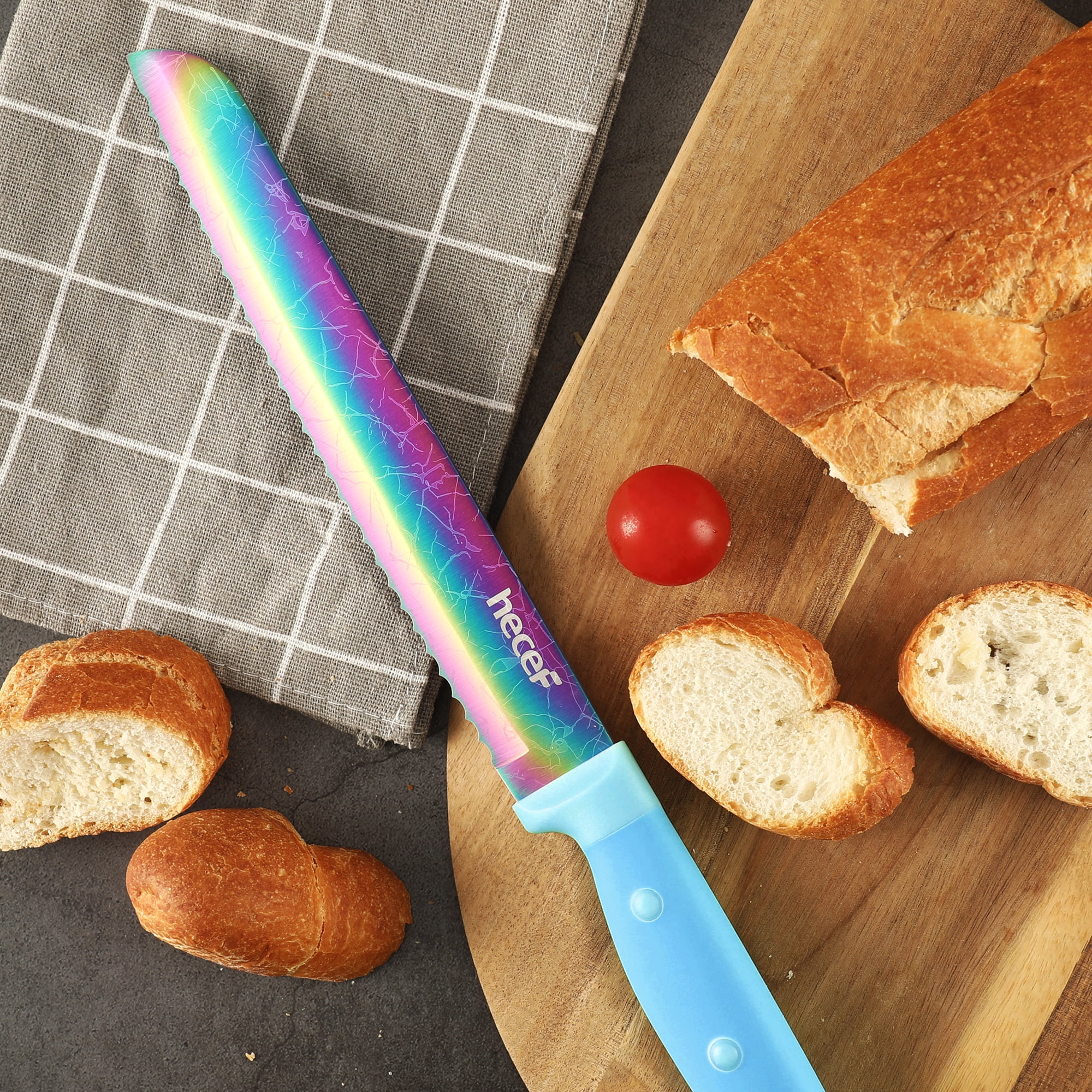 Hecef 14 Pieces Knife Set with Wooden Block, Rainbow Titanium Coated Chef Steak Knife,Sharpener