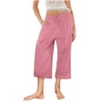 thumbnail image 3 of Charella Womens Linen Cropped Pants Wide Leg Drawstring Elastic Waist Casual Loose Trousers with Pockets (XL, Pink), 3 of 5