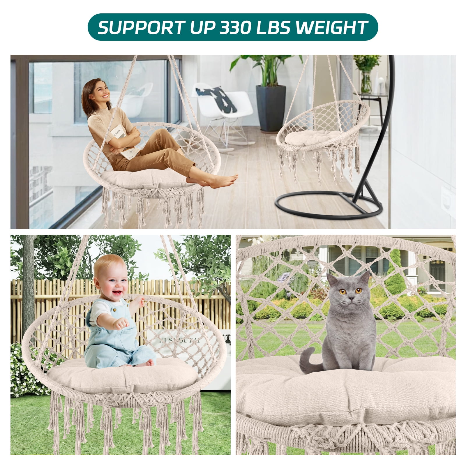Hanging Cotton Kits Chair Rope Swing, Macrame Hammock - Hand-Woven Rope, Steel Spreader Bar Anti-Slip Rings, Cream White, Soft, Easy Assembly, Comfortable, for Home Patio