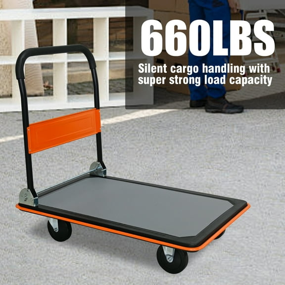 Platform Truck,660 lbs Capacity Steel Flatbed Cart,Foldable Push Hand Cart with 360 Degree Swivel Wheels,Heavy Duty Utility Push Carts for Loading and Storage,35" x 23" x 34",Orange