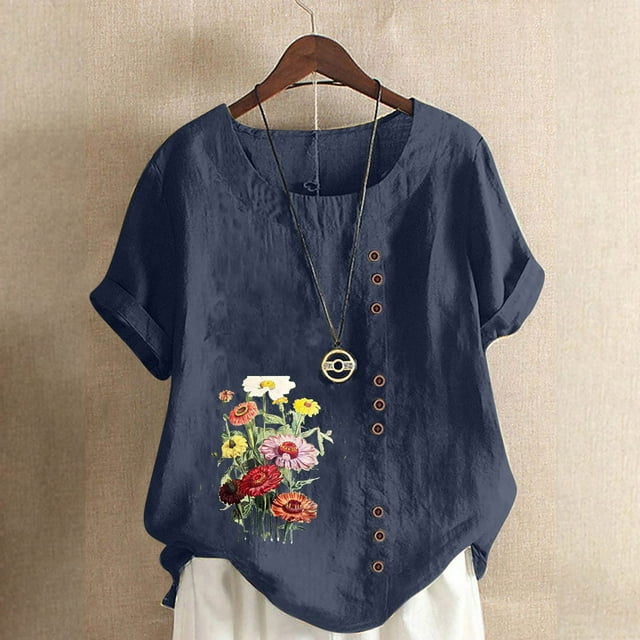 SMihono Hauts pour Femmes Été Décontracté Chic Col Rond Manches Courtes Imprimé Floral Chemise Ample T-shirt Oversize pour Femmes 2023