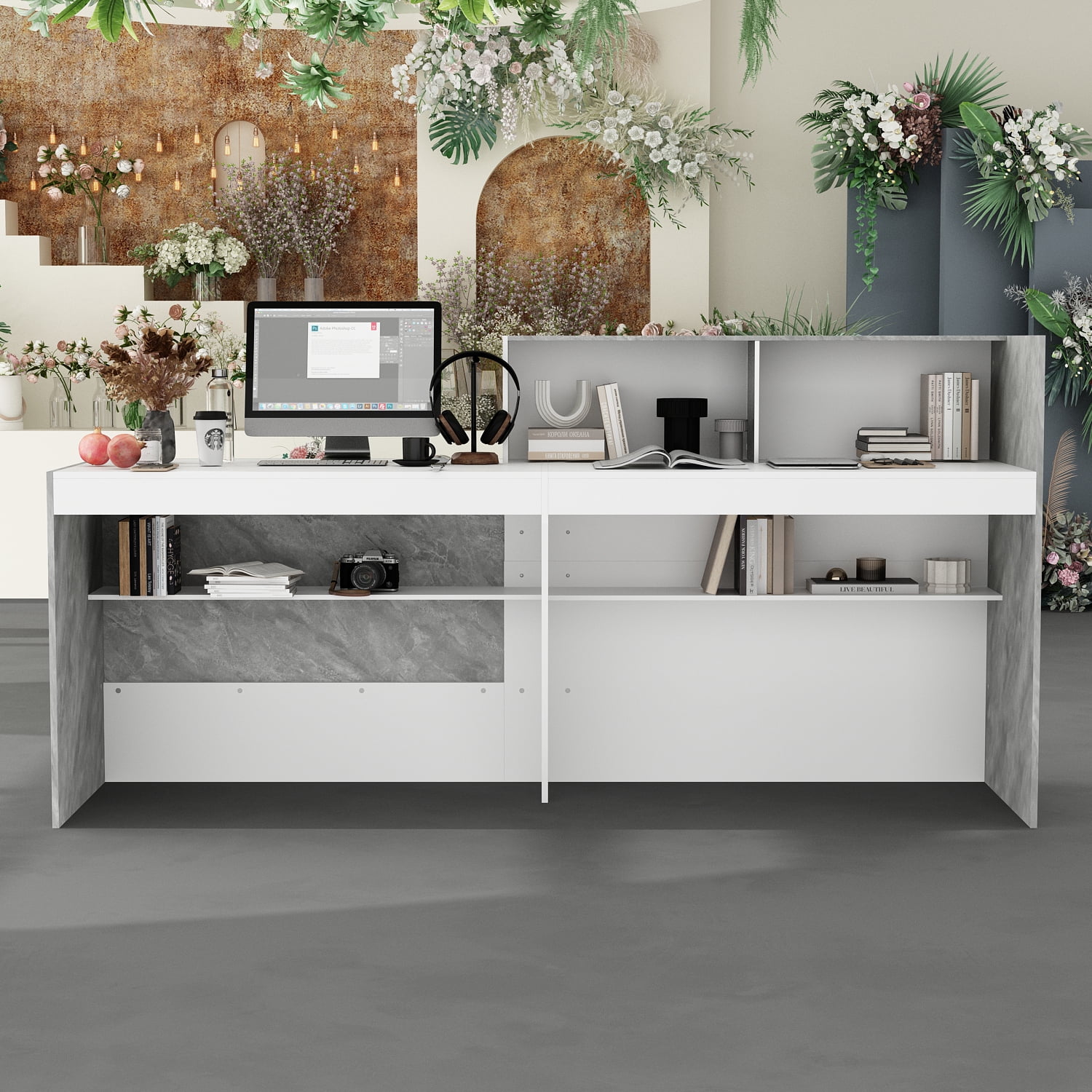 KULAGAGA Reception Desk with Counter, 86.6 inch Wide Front Desk Modern Reception Room Table, Checkout Counter Table, Salon Reception with Stone Pattern Decor