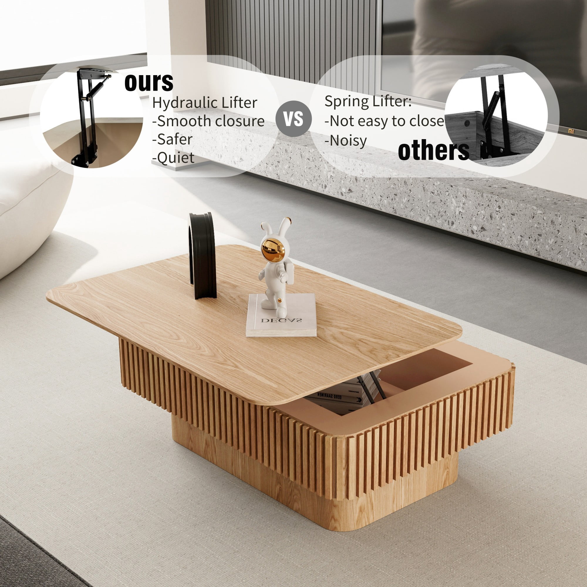 Lift Top Coffee Table with Storage, 38.6" Fluted Coffee Table with Adjustable Height, Modern Wood Veneer Center Table for Living Room, Natural