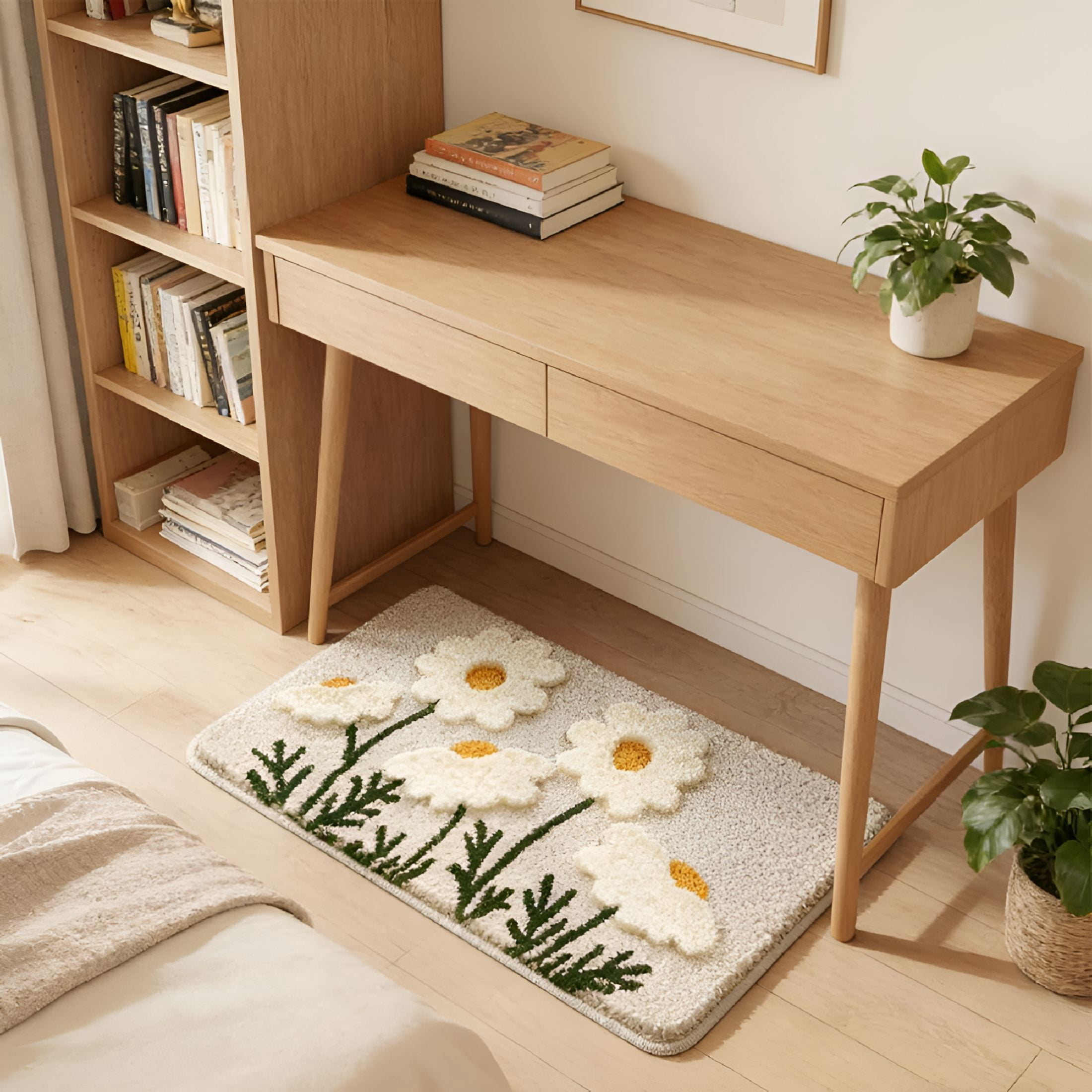RLESO Fluffy Absorbent Flower Bathroom Rug Washable,32"X 20"Bath Mat for Bathroom Non Slip,Soft Tufted Rug Flower Bath Mat Home Decor,White Flowers