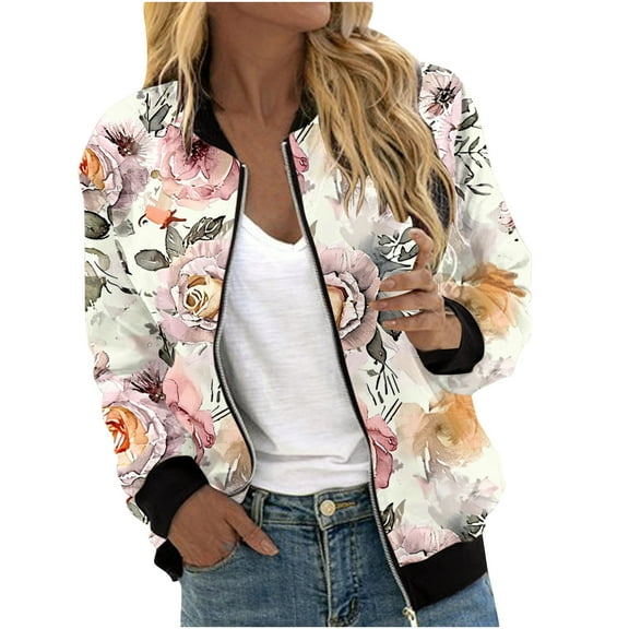 Women's Zipper Front Bomber Jackets Casual Lightweight Fall Outerwear Floral Print Long Sleeve Travel Coat with Pocket (XL, Beige)