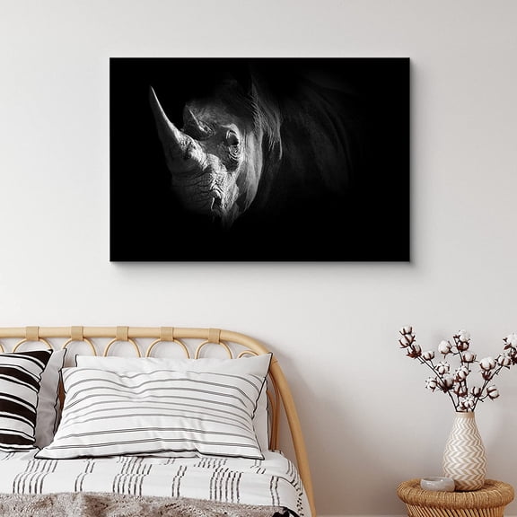PixonSign Canvas Print Wall Art Close-Up Rhino Portrait Animals Wildlife Photography Realism Modern Dramatic Grey Dark Black and White for Living Room, Bedroom, Office - 12"x18"