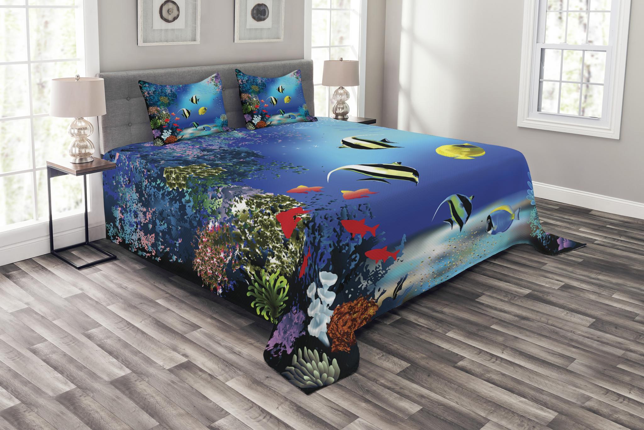 Underwater Bedspread Set, Tropical Undersea with Colorful Fishes