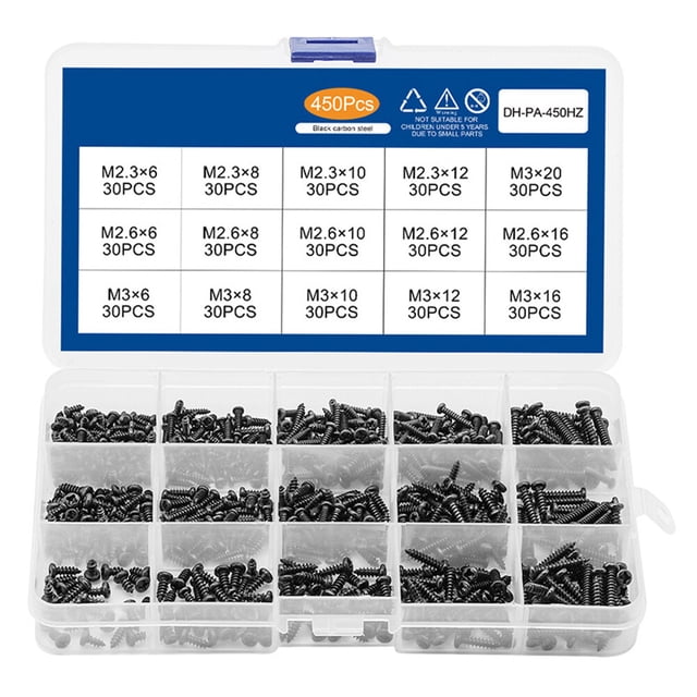 TEHAUX Ensemble de 450 Vis Autotaraudeuses en Acier au Carbone Noir Robuste avec Boîte de Rangement pour Réparations Domestiques