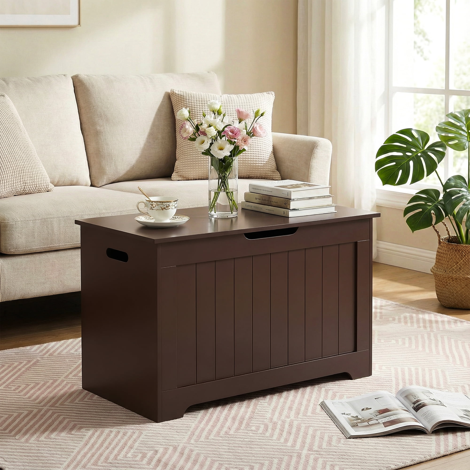 SuperDeal 30-Inch Lift Top Storage Chest Wooden Home Organizer Bench with Safety Hinged Lid Large MDF Toy Box Entryway Bedroom Living Room, Brown
