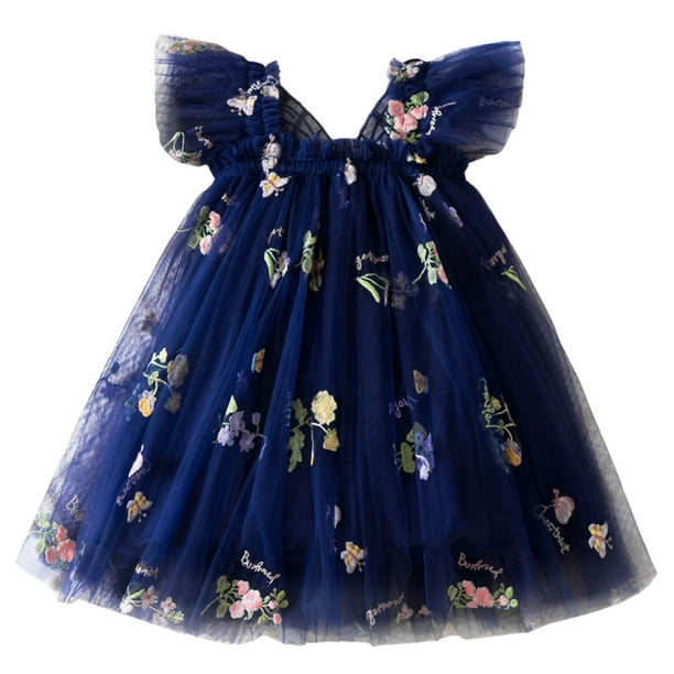 Girls Spring Dress Sleeveless Embroidered Flowers Wing Tie Holiday Party  Dance Dress Girl Dresses Navy 1-2Years - Walmart Business Supplies