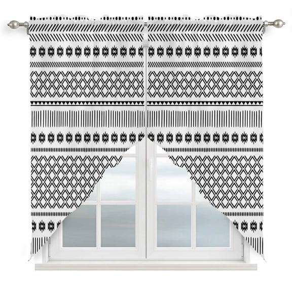 Boho Geometric Swag Curtains for Kitchen/Bedroom/Living Room, Modern Abstract Art Plaid Striped Scalloped Curtains 63 Inch Long, Rod Pocket Window Swag Topper Curtains Valances 2 Panels Set 36"x63"