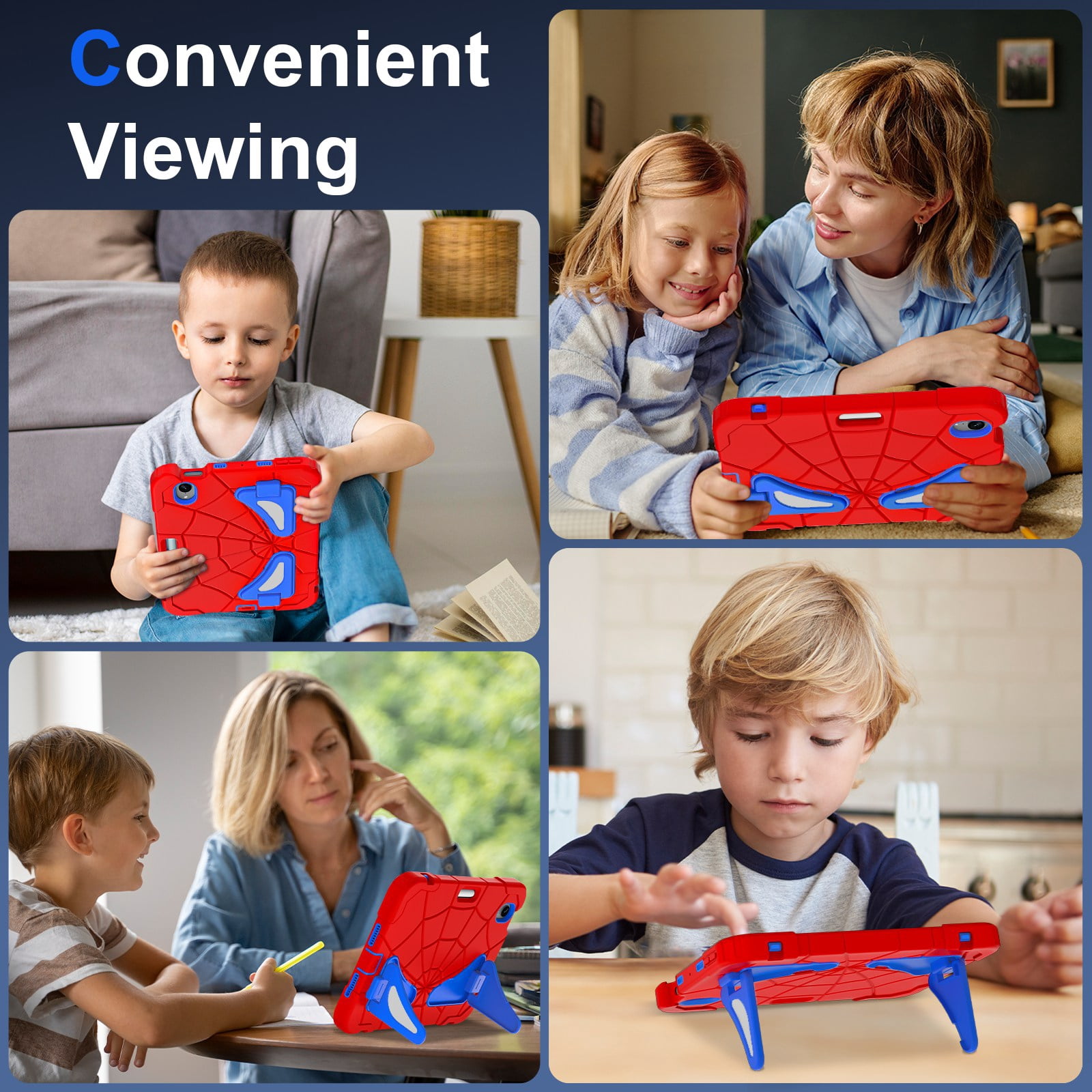 ELEHOLD Kids Friendly Case For Apple iPad mini 7th(A17 Pro) 2024/6th, Heavy Duty Shockproof Rugged Protective Case with Pencil Holder Foldable Kickstand for Boys Children Case, Red+Blue