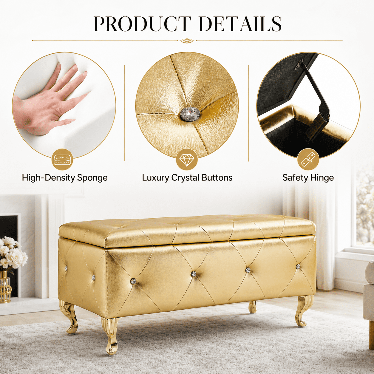 Aukfa 38" Upholstered Storage Ottoman Bench with Hidden Storage, Crystal Tufted Faux Leather Bed Bench, 380 lb, Gold