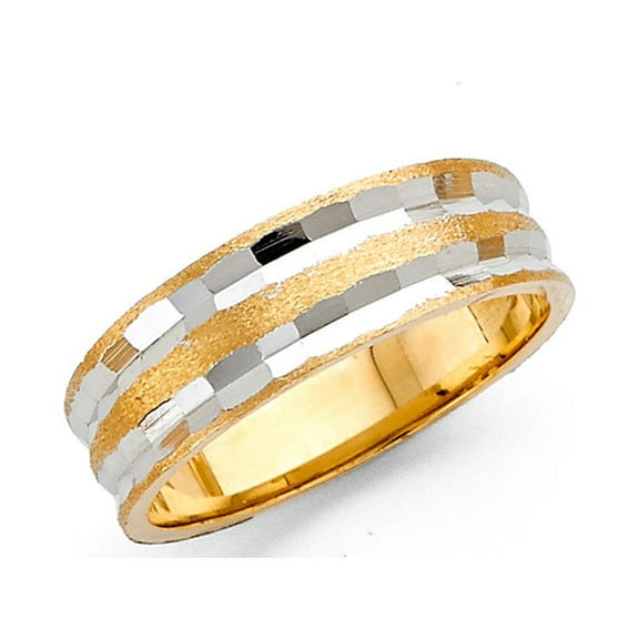 Wedding Ring Solid 14k Yellow White Gold Tapered Band Diamond Cut Sand Polished Two Tone 6 mm Size 5