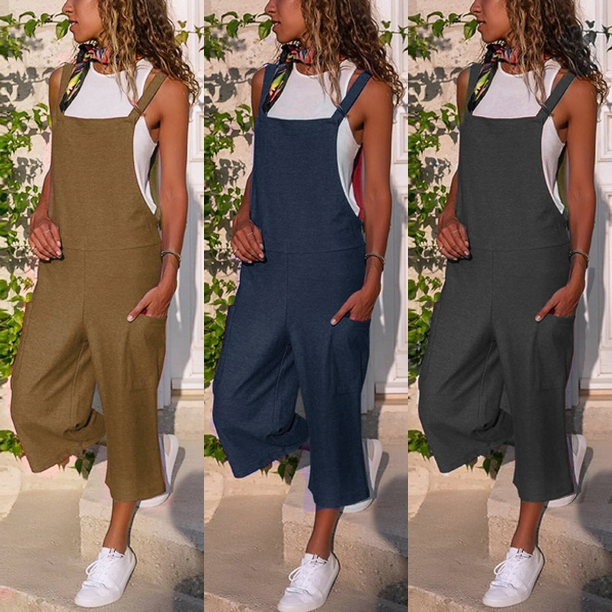 Women Casual Loose Cotton Linen Pockets Jumpsuit Overalls Wide Leg