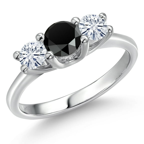 Gem Stone King 14K White Gold Black Onyx & White Moissanite 3-Stone Engagement Ring | 0.94 Cttw | Round 5MM and 4MM | Three Stone Wedding Anniversary Promise Ring for Women (Size 5)